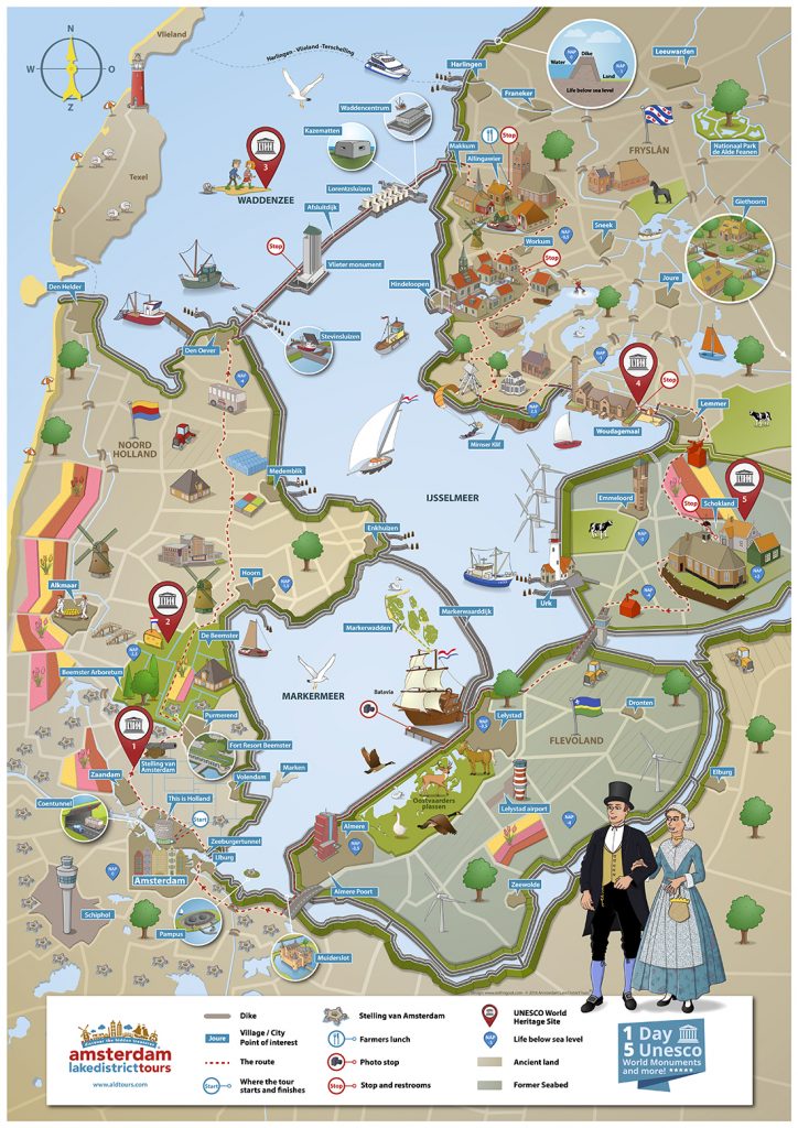 Geïllustreerde routekaart Amsterdam Lakedistrict tours