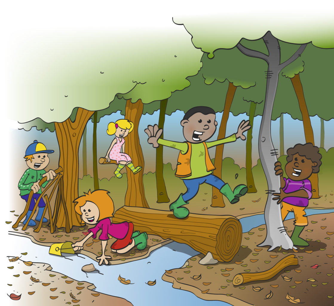 Illustratie; kinderen spelen in het bos