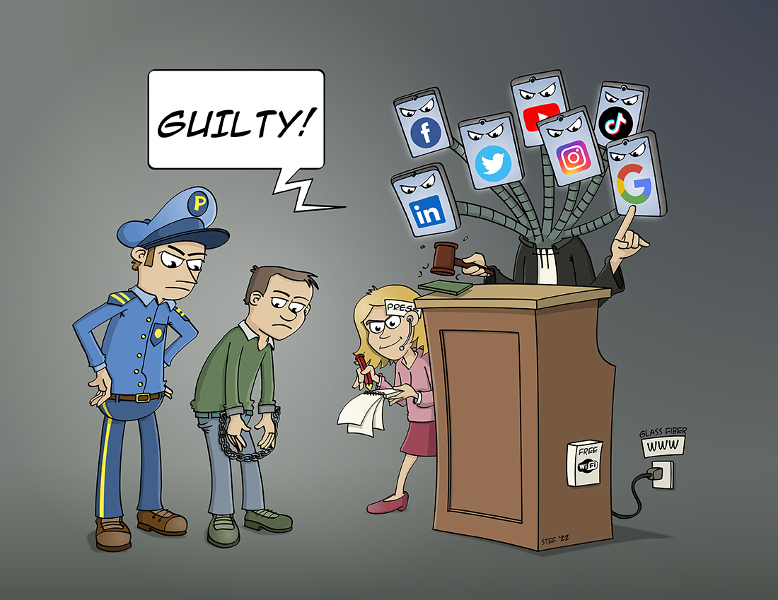 cartoon: Het is de taak van de rechter om iemand te veroordelen