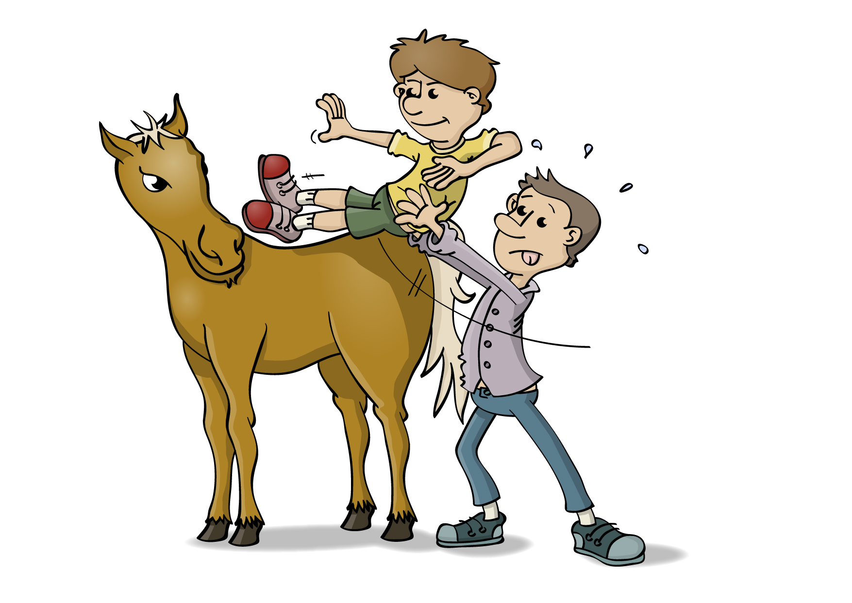 illustratie: van een man die een kind op het paard tilt