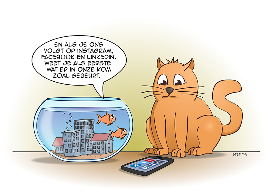 Cat and fish cartoon; Volgen op Social media