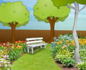 De Wiskanjers - tuin met bankje, bloemen en bomen