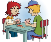de wiskanjers, jongen en meisje met kaarten en geld