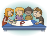 Educatieve illustratie voor de wiskanjers; kinderen aan tafel zoeken oplossing.
