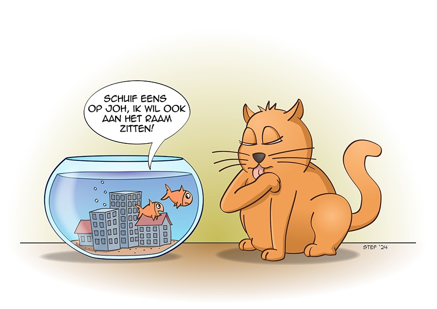 Cat and fish cartoon; opschuiven om aan het raampje te zitten.