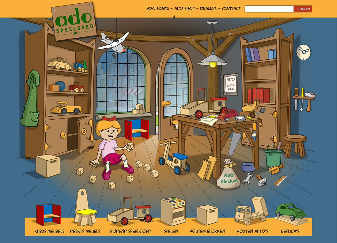 Illustratie voor de website van Ado houten speelgoed.