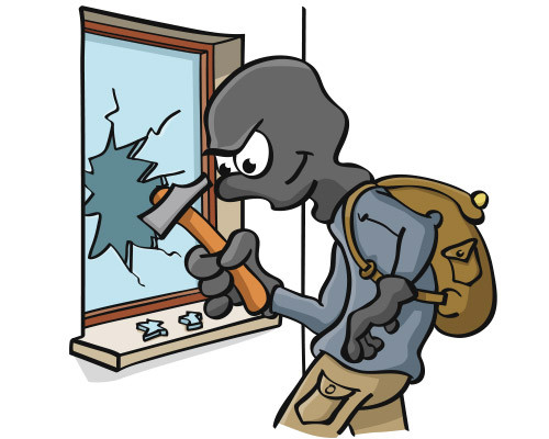 Illustratie van inbreker die raam stukslaat.