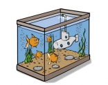 Illustratie van een aquarium met vissen en een onderzeeër