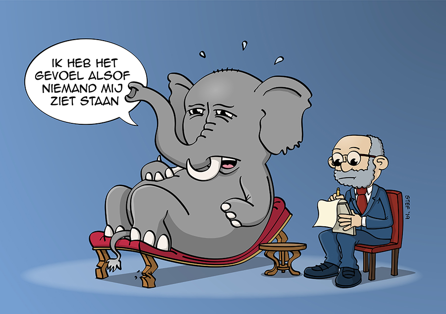 cartoon; Komt een olifant bij de psychiater