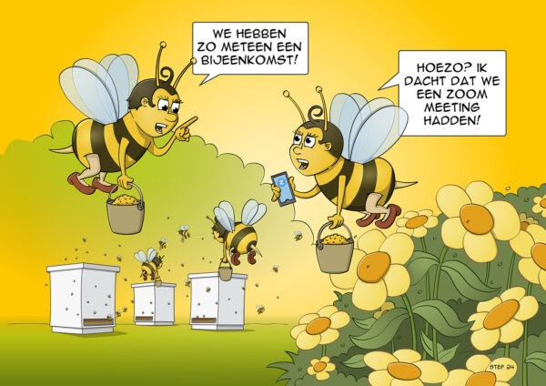 Cartoon; De bijen hebben een bijeenkomst of een zoom meeting