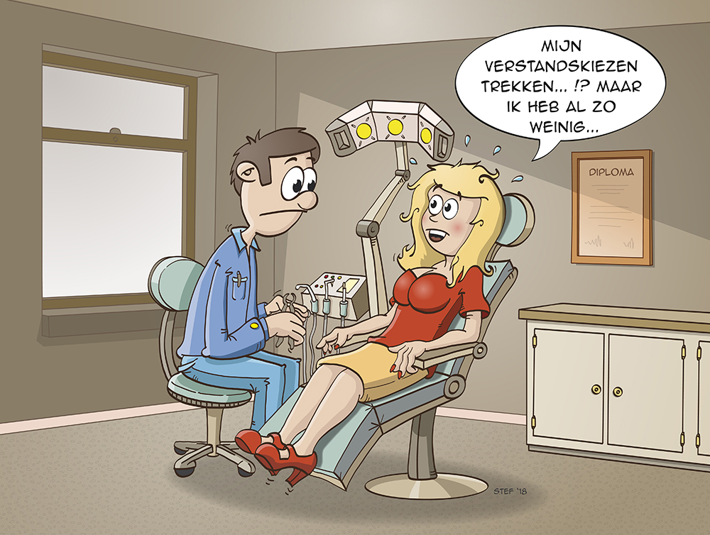 Cartoon; komt een blondje bij de tandarts