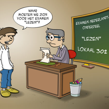 Cartoon; "Het examen lezen”