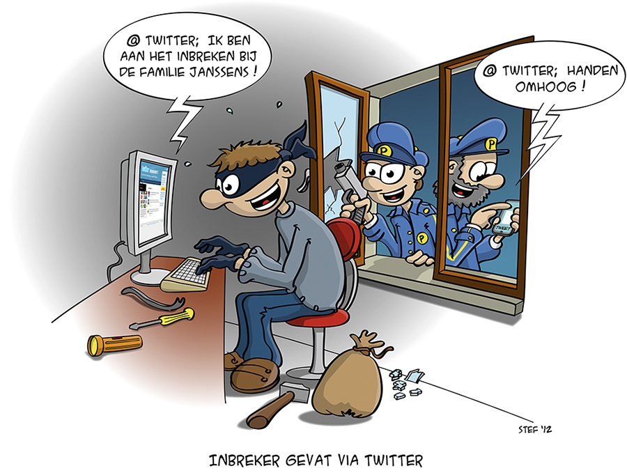 cartoon; inbreker gevat via twitter