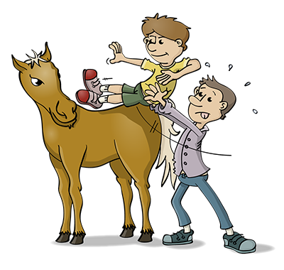 over het paard tillen - educatieve illustratie voor de Taalkanjers reeks van uitgeverij Pantyn.