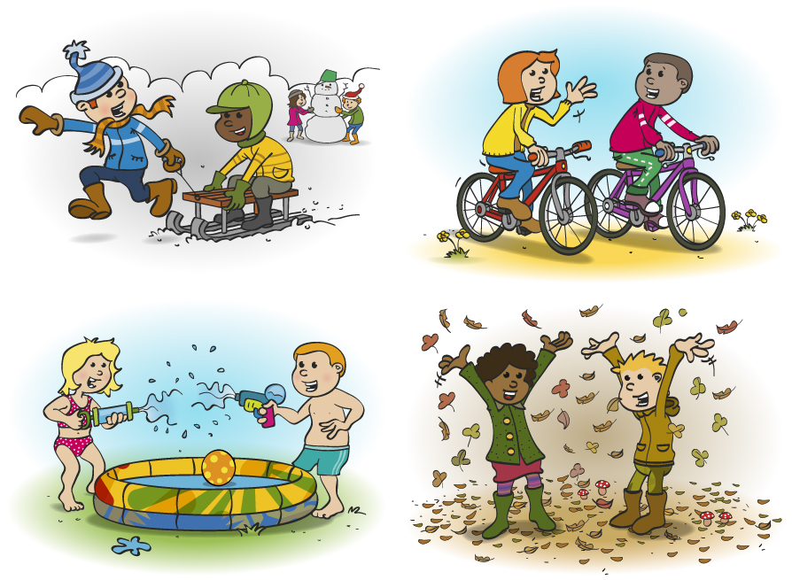 Ontwerp voor vier illustraties met al thema winter, zomer, herfst en lente.
