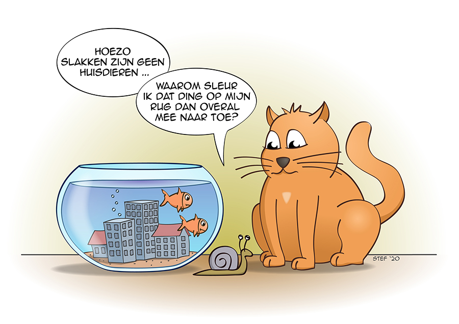 Cat and fish cartoon; Slakken zijn geen huisdieren